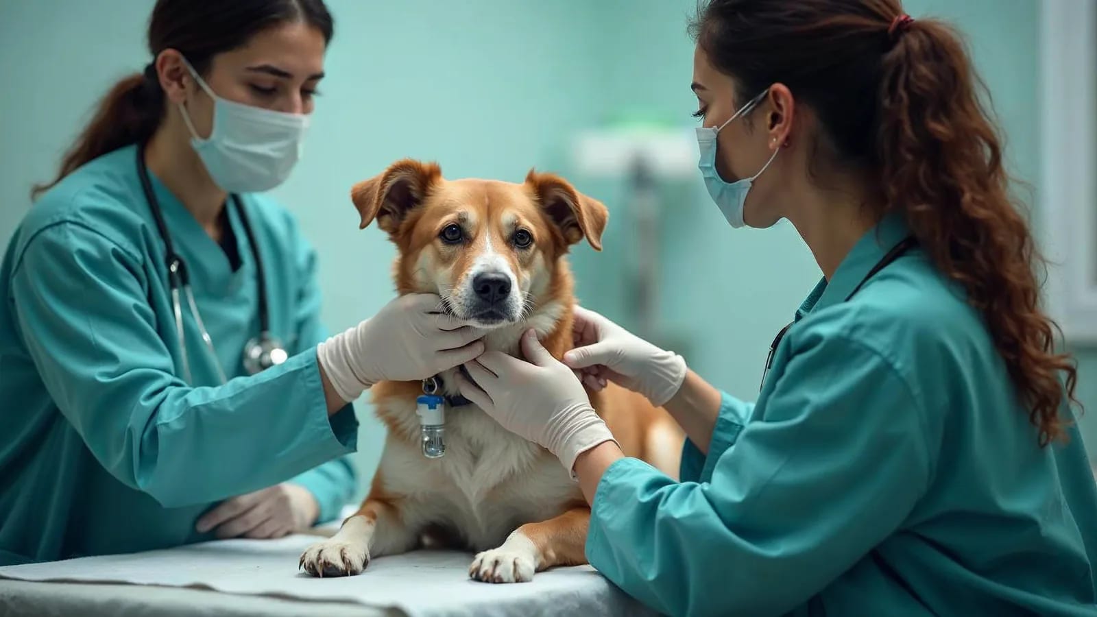 Veterinario con guantes y bata examina con calma a un perro mestizo sobre la camilla de una clínica mientras una persona lo sostiene