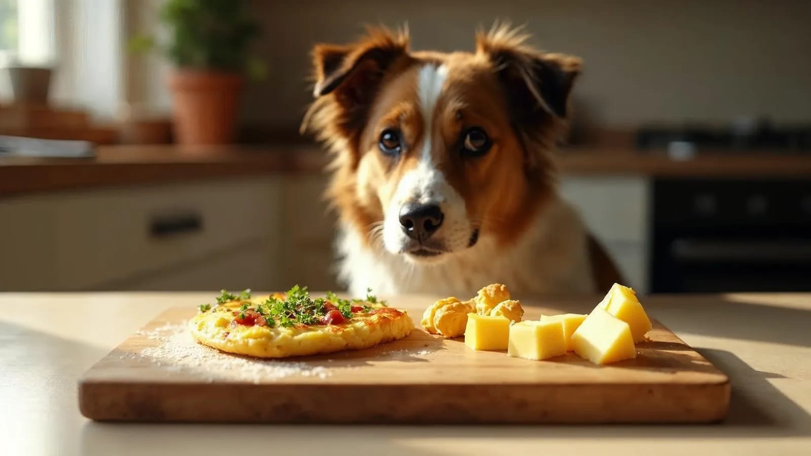 Perro mestizo mira desde el piso de una cocina luminosa una mesa con un huevo cocido partido, un tazón de leche y cubos de queso