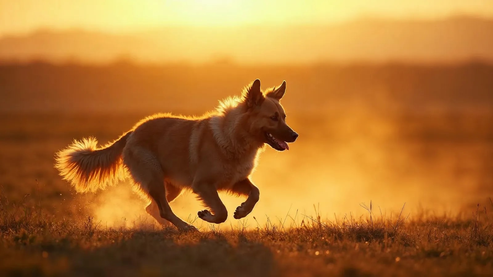 Perro de pastoreo corriendo en un campo abierto al atardecer, con ovejas al fondo desenfocadas.