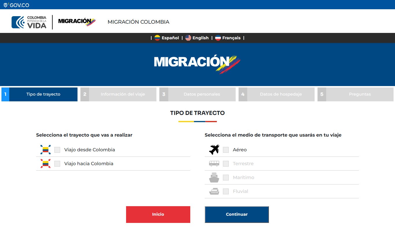 Primer paso del formulario Check-MIG de Migración Colombia, tipo de trayecto y medio de transporte