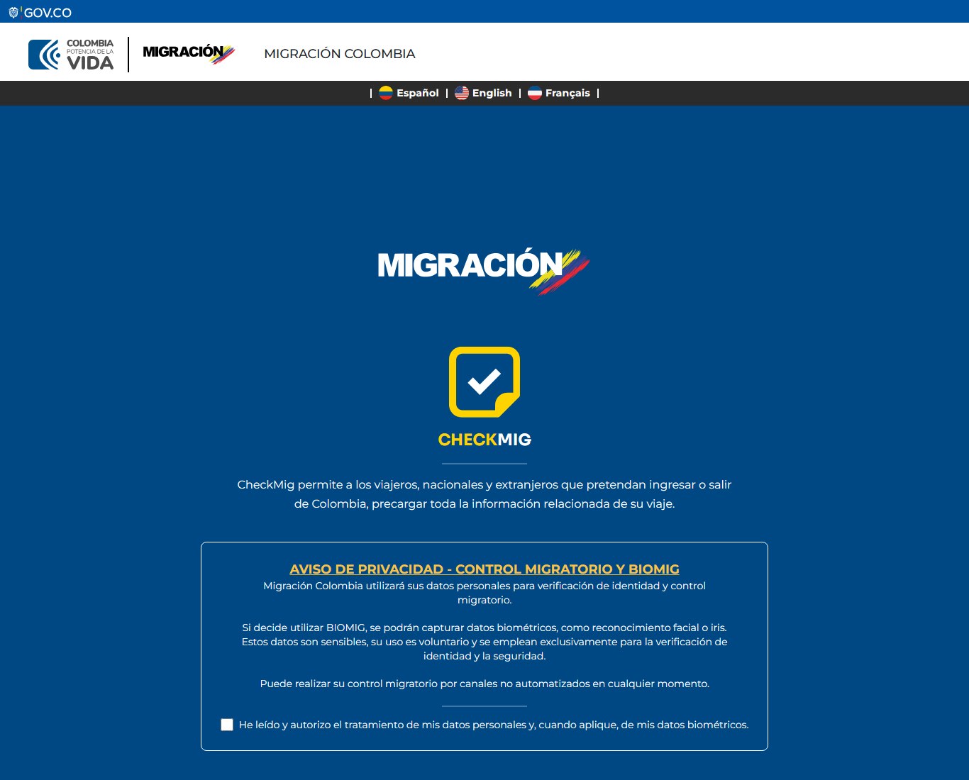 Pantalla de inicio del Check-MIG con el aviso de privacidad y la casilla de autorización de datos