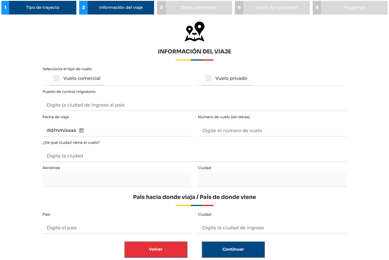 Paso 2 del Check-MIG, información del viaje: tipo de vuelo, puesto de control, fecha, número de vuelo, aerolínea y país