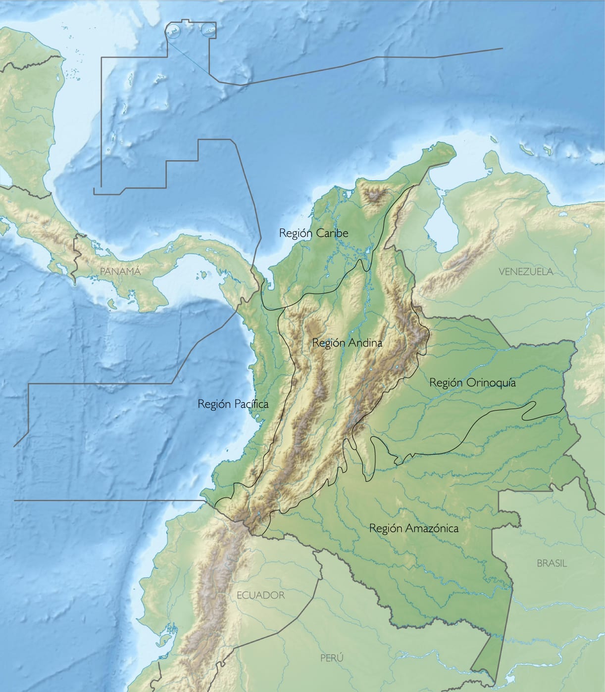Mapa de relieve de Colombia con las regiones Caribe, Andina, Pacífica, Orinoquía y Amazónica delimitadas