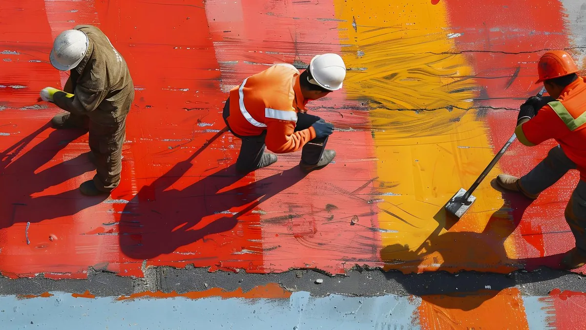 Vista desde arriba de trabajadores con casco que pintan franjas rojas y amarillas en el piso