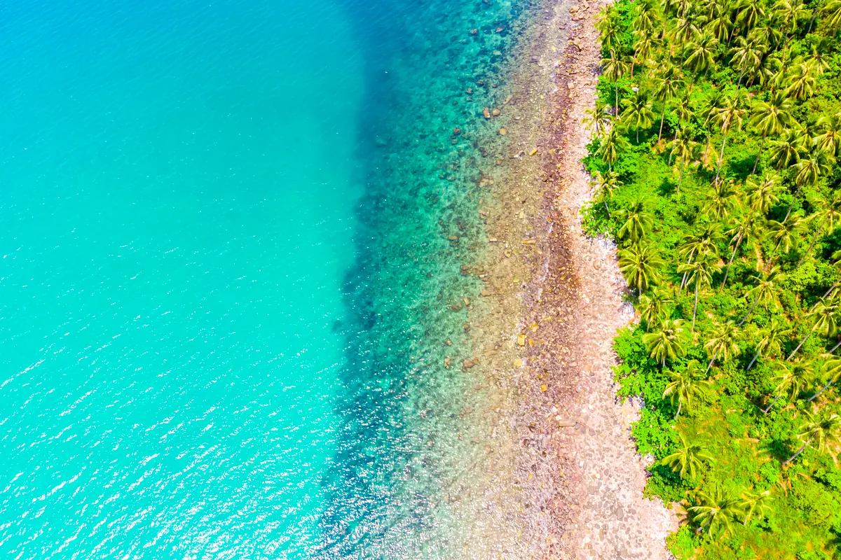Coveñas Colombia turquoise sea beach sand aerial drone view