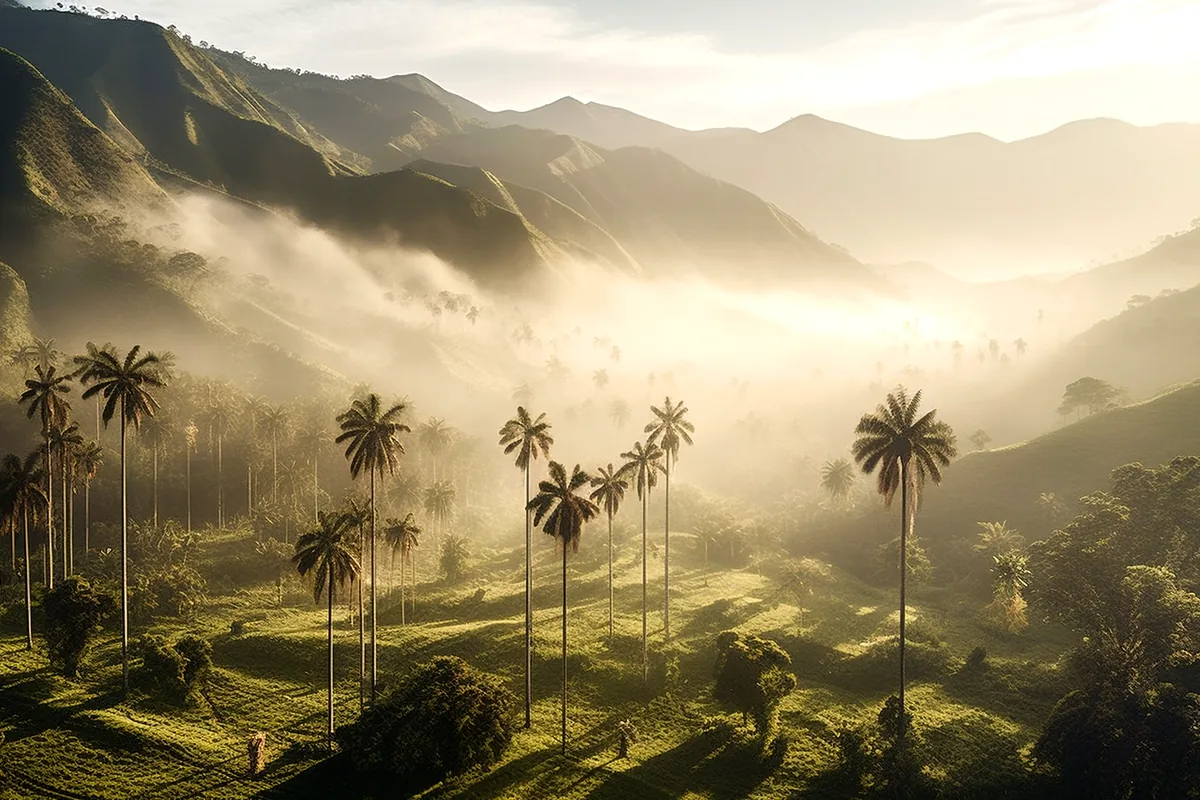 Wax palm trees Valle del Cocora Colombia misty green landscape
