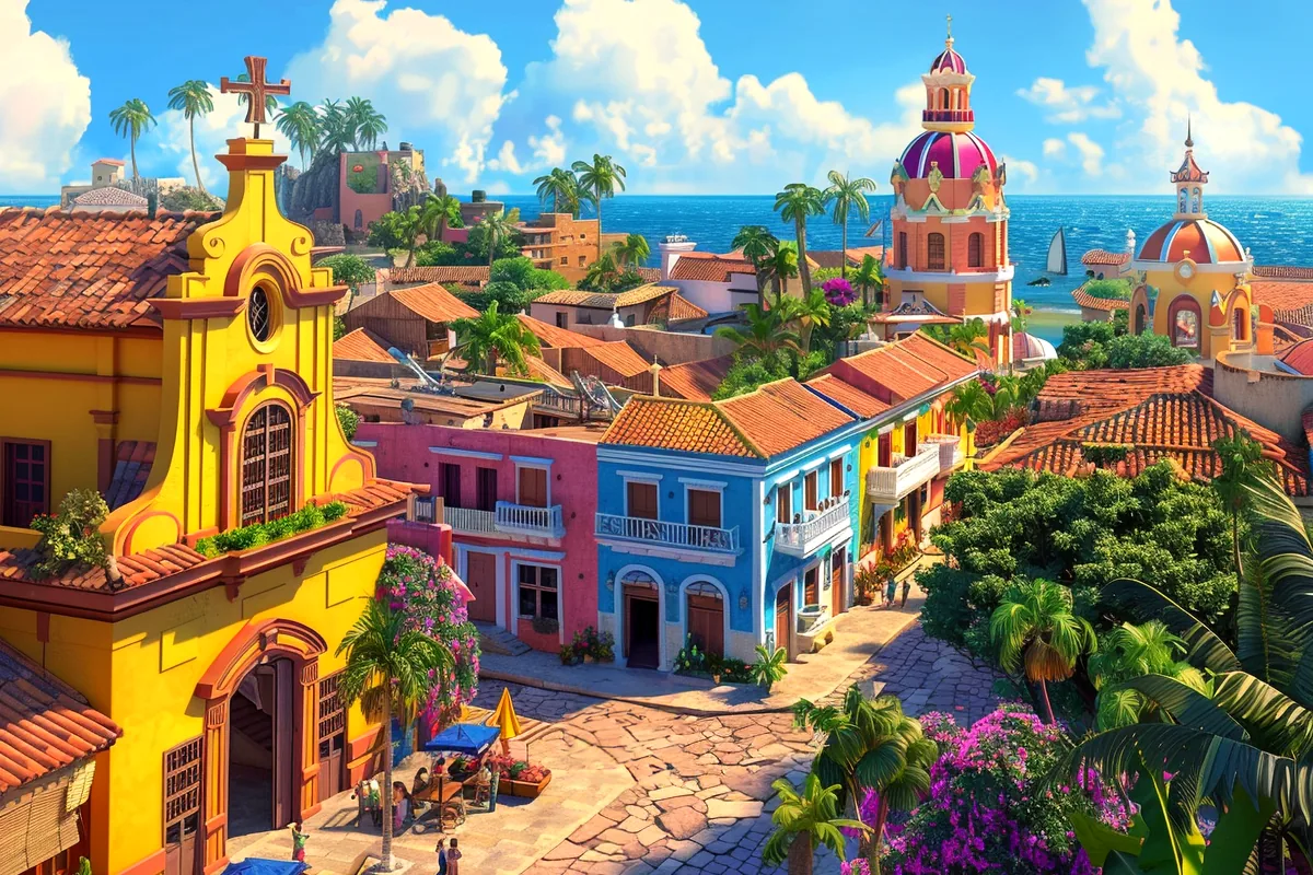 Santa Marta Colombia colonial historic center cathedral colorful streets aerial view