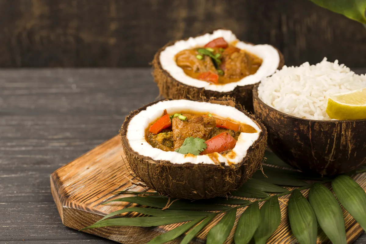 traditional raizal food rondon coconut rice wooden table Caribbean Colombia