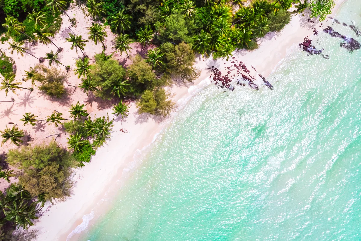 San Andres island Colombia beach palm trees clear water aerial drone