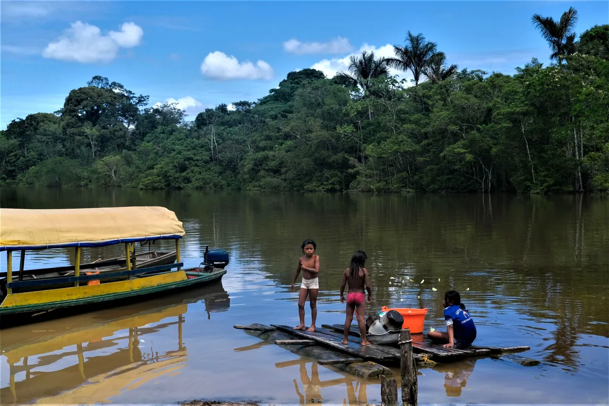Amazon river Colombia jungle aerial view with wooden dock and canoes