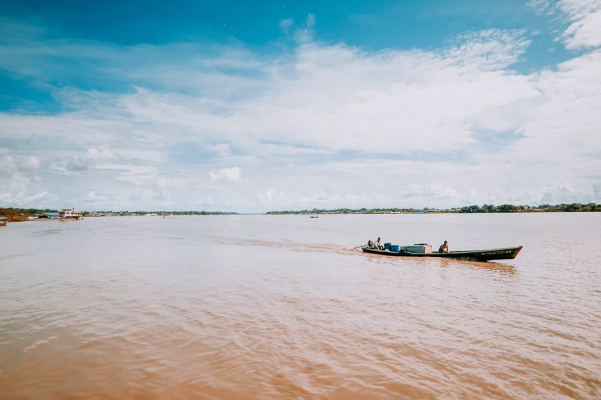 Leticia Colombia Amazon river sunrise mist aerial view