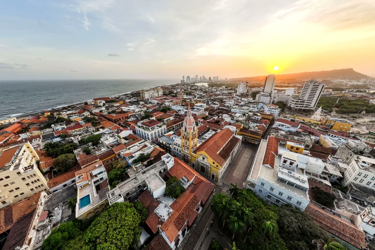 Cartagena Colombia walled city colonial architecture aerial view sunset