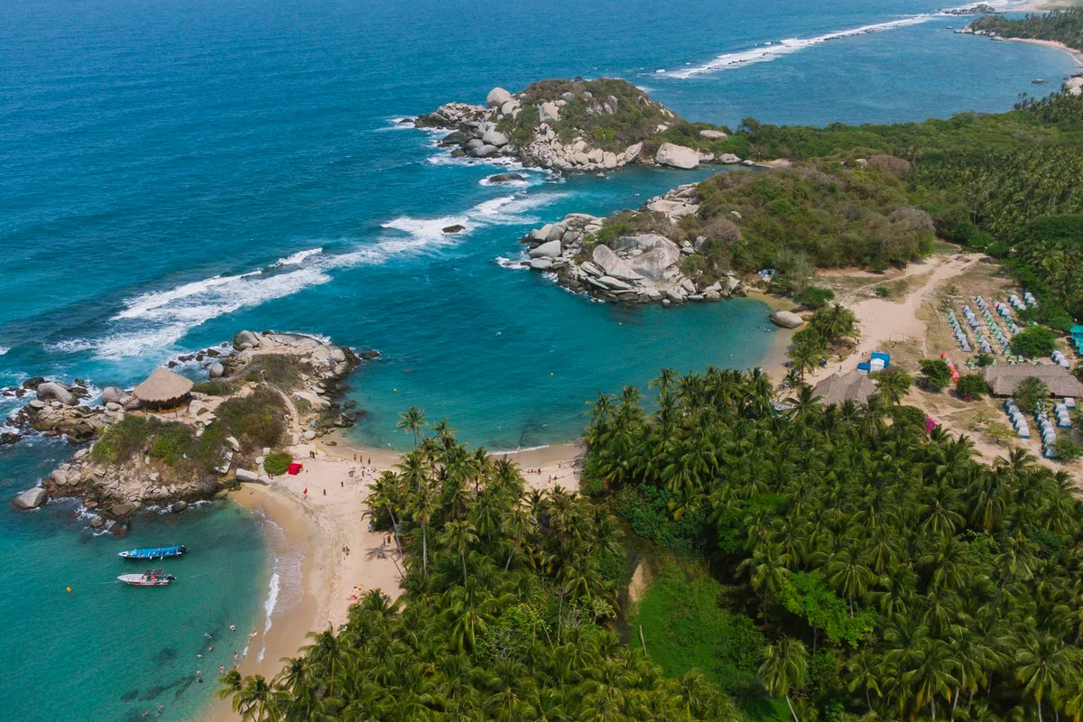 Santa Marta Colombia Parque Tayrona beach palm trees turquoise water