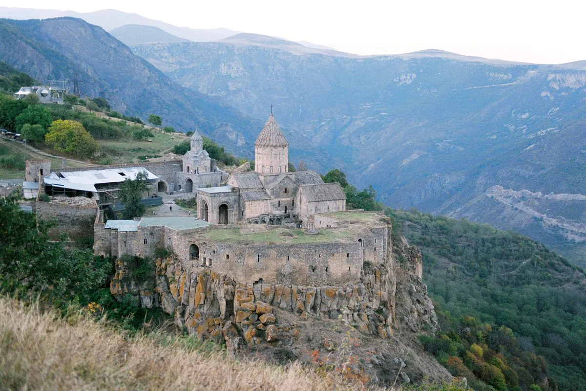 Tatev monastery Armenia deep canyon gorge aerial view autumn