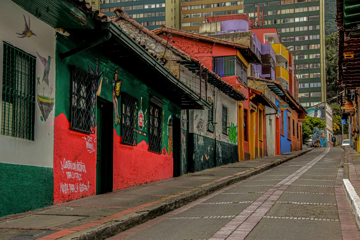 La Candelaria neighborhood Bogota colorful colonial buildings street art