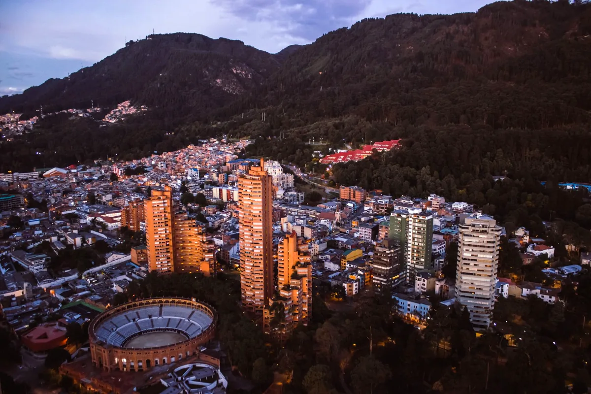Bogota Colombia aerial cityscape sunset golden hour