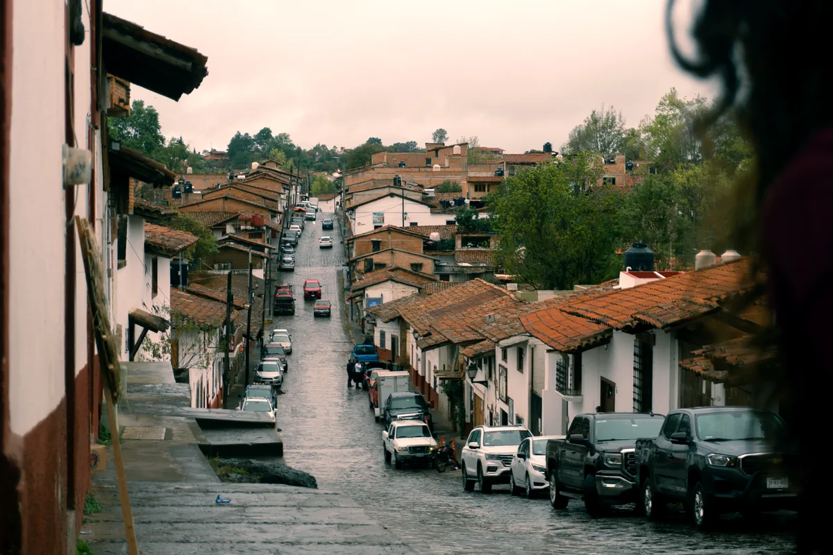 Mexico colonial magic town cobblestone street colorful buildings aerial view Puebla