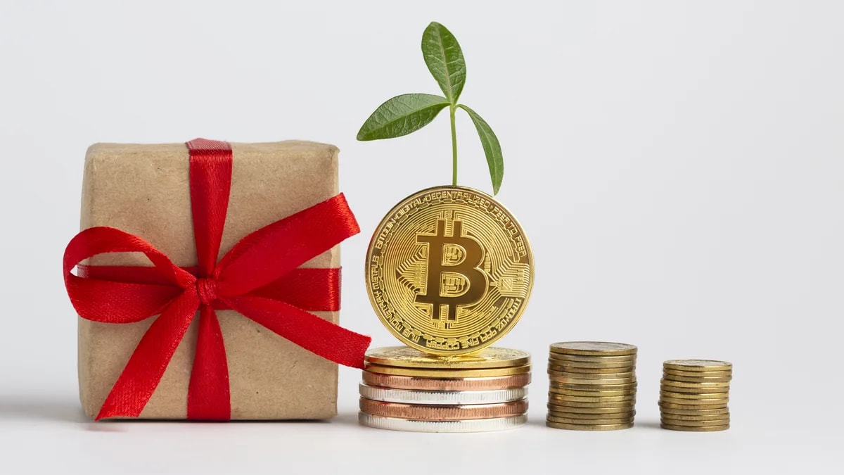 Caja de regalo con moño rojo junto a una moneda de Bitcoin con un brote y pilas de monedas