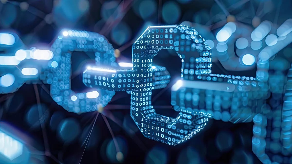 Eslabones de cadena formados por datos luminosos azules, como representación de una blockchain