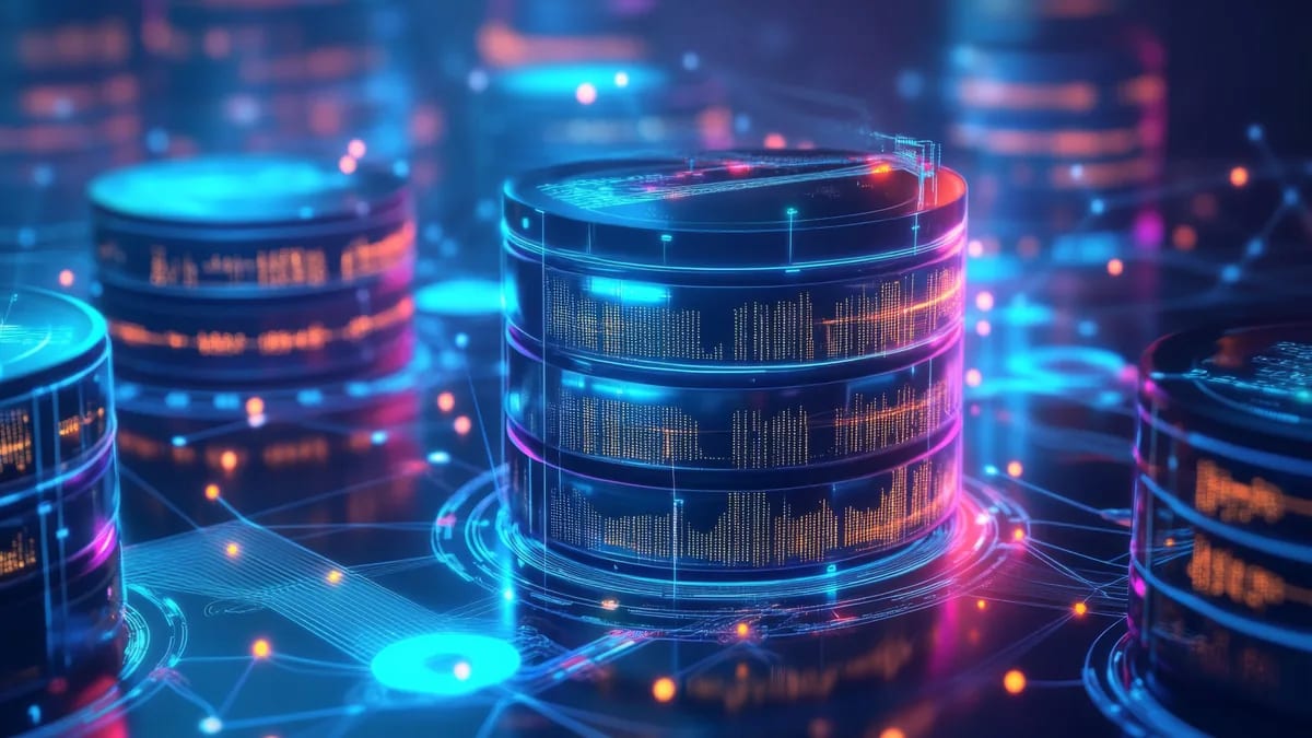 Ilustración de cilindros luminosos de datos en tonos azules y rosas, como servidores de una base de datos