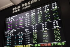Tablero electrónico de horarios de trenes con caracteres en japonés