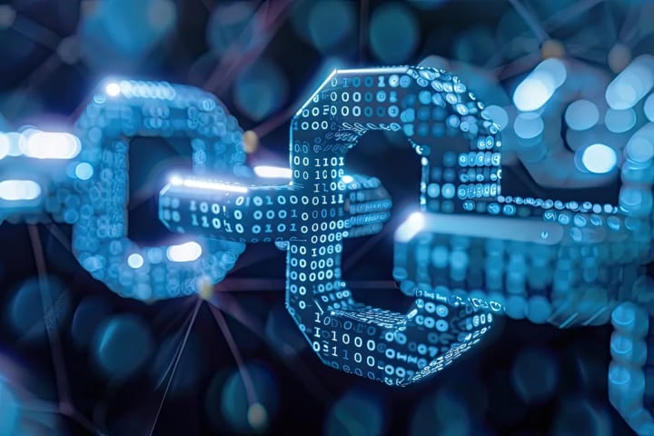 Eslabones de cadena formados por datos luminosos azules, como representación de una blockchain