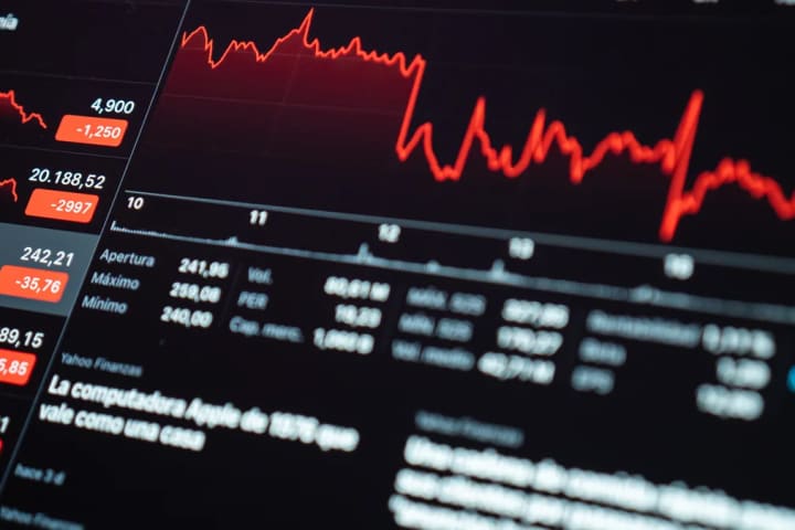 Pantalla de cotizaciones con una gráfica roja a la baja y cifras de variación negativas