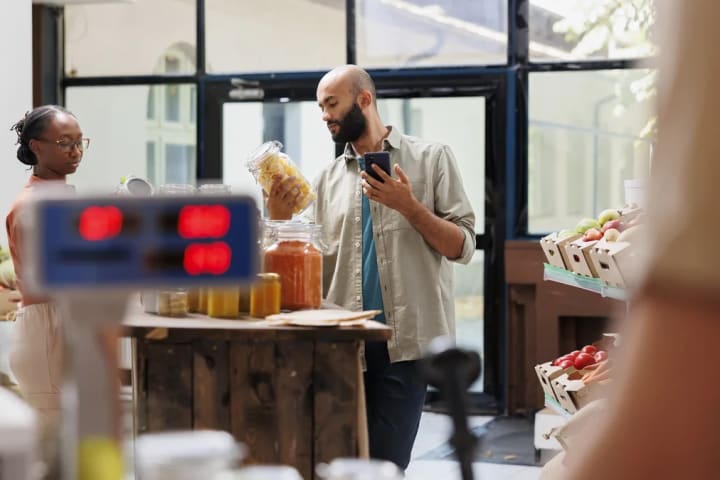 Hombre que revisa su celular en una tienda de abarrotes con frascos y fruta a la venta