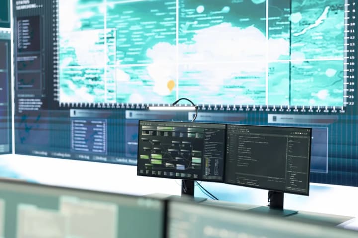 Centro de monitoreo con pantallas grandes de datos y dos monitores en un escritorio