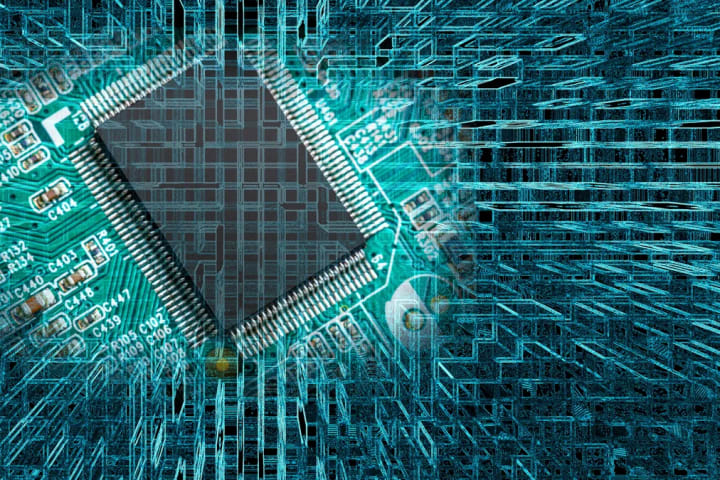 Microchip sobre una placa de circuitos con líneas de luz que salen de él