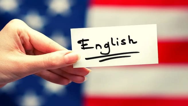 The word "English" with an American flag behind it.