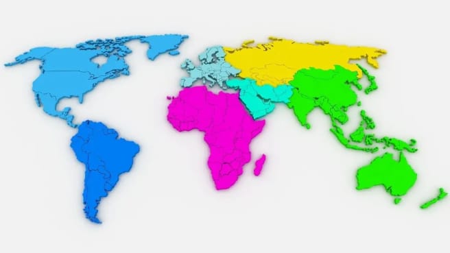 Continents in a colorful geographical map.