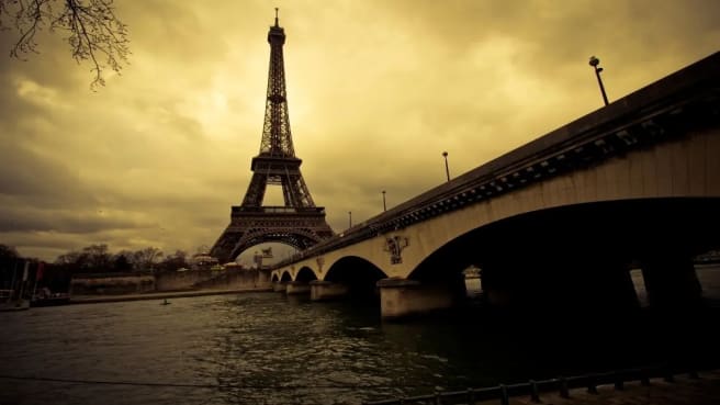 The Eiffel Tower, in Paris, France, During a dark day.