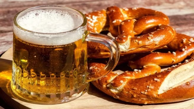Traditional German pretzel and beer.