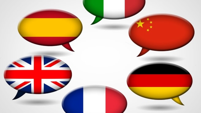 Speech bubbles with different languages flags.