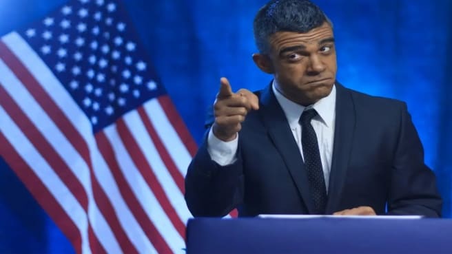 A funny politician character pointing at someone.