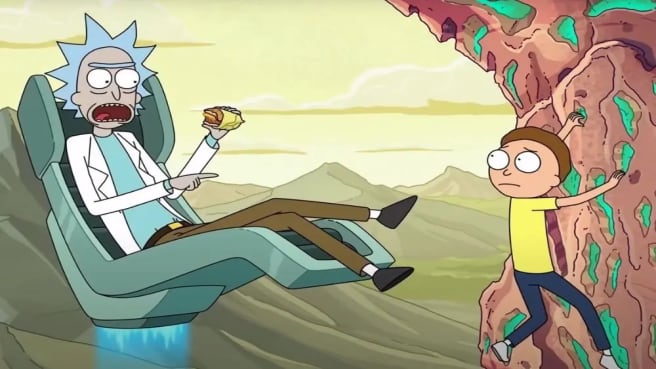 Rick sitting on a flying chair while Morty is climbing.