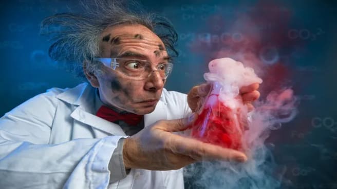 Wacky scientist with an explosive experiment.