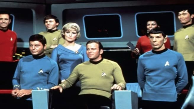 Star Trek Characters, sitting inside the starship, from the original Star Trek TV series.