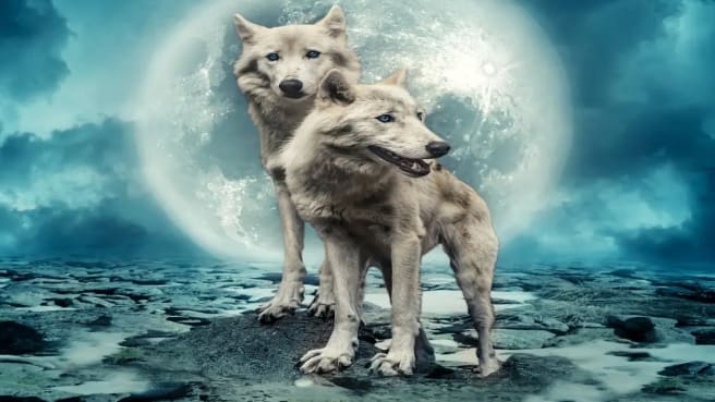 Two white wolves with the moon in the sky.