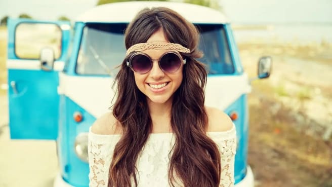 A hippy girl and a Volkswagen van were typical of the 1970s.