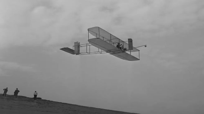 Wilbur Wright pilots a glider during the Wright Brothers flight.