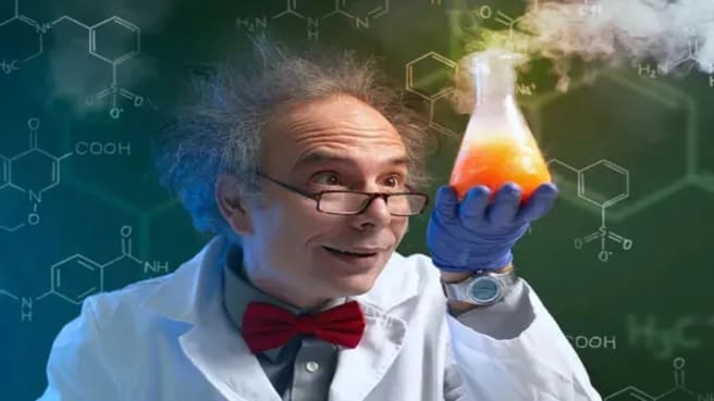Funny crazy chemistry scientist.