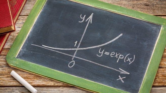 Exponent math example on a chalkboard.