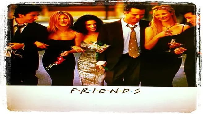 All 6 Friends actors walking and hugging together.