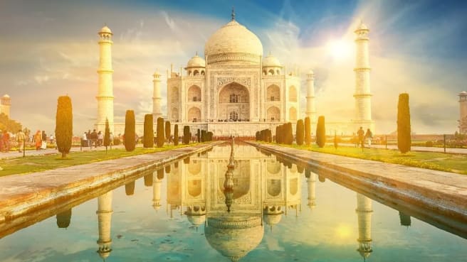 The Taj Mahal, a famous and historical marble mausoleum.