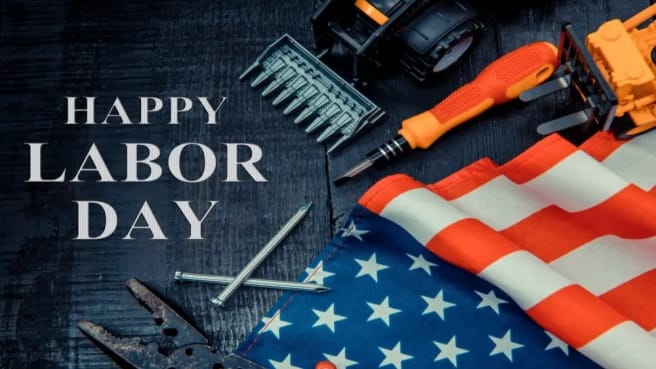 Labor tools and an American flag.