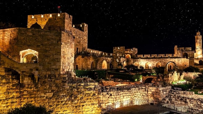 The historical old city of Jerusalem at night.