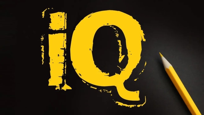 The word IQ is written in yellow with a yellow pencil.