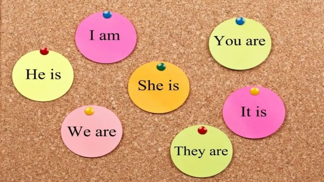 English Grammar examples are written on small notes.